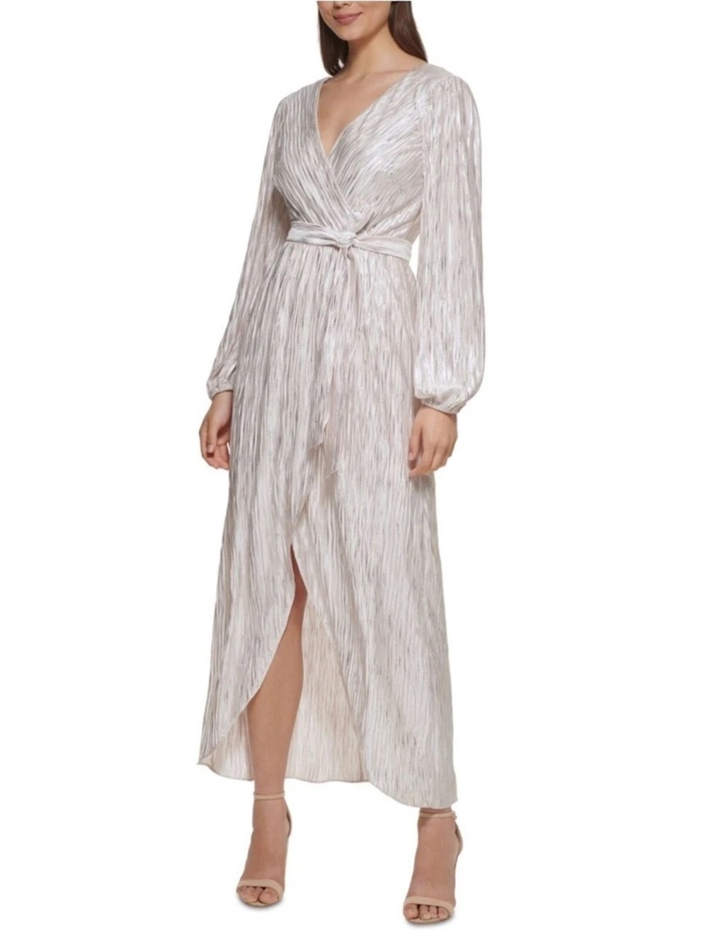 GUESS Size 16 Metallic Silver Wrap Maxi Dress Long Sleeve